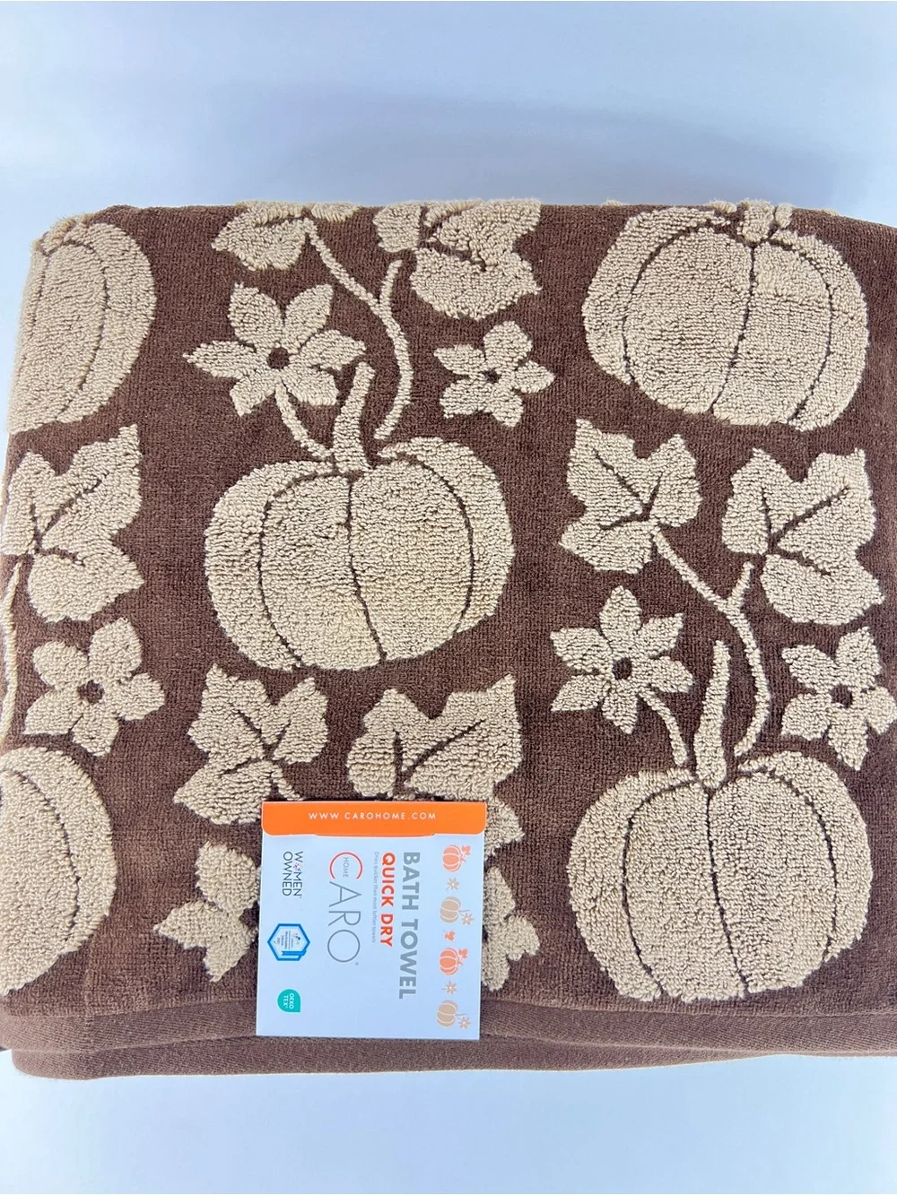 Caro Home Bath Towels Pumpkins Leaves Brown Tan Soft Cotton FALL Decor  2 Pc NEW